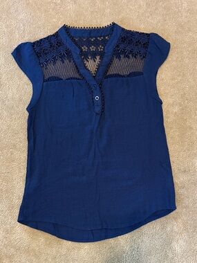 Sweet Wanderer Navy Blue Lace Cap Sleeve Blouse
